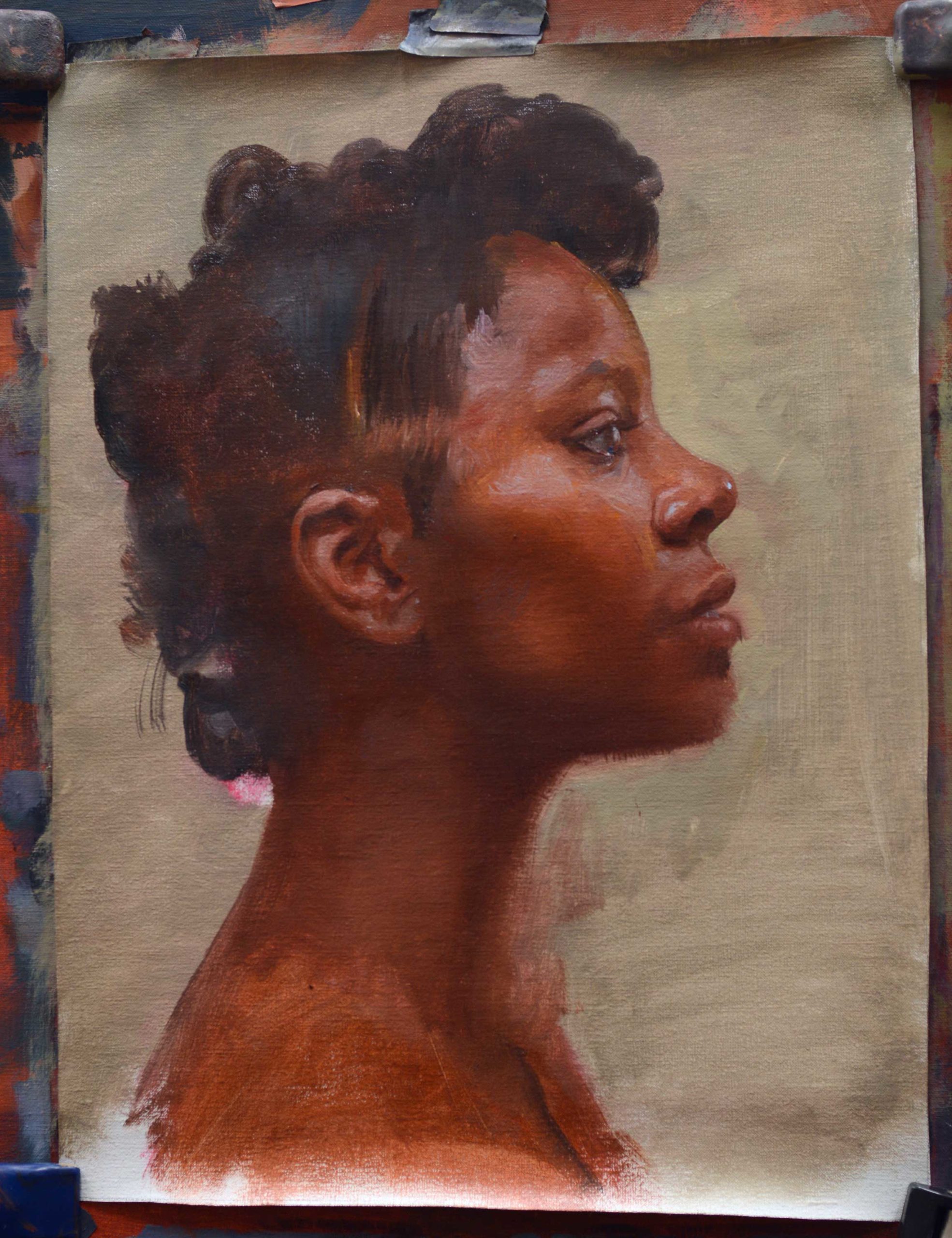 Continue refining and building a likeness in an oil painted portrait of a head in profile