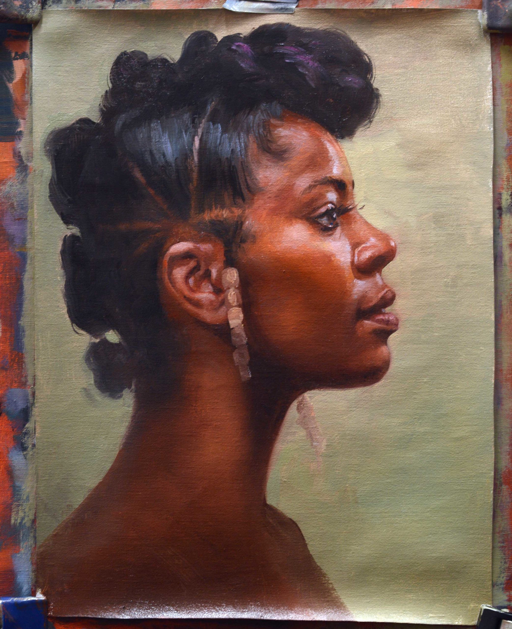 Refine hair in an oil painted portrait of a head in profile